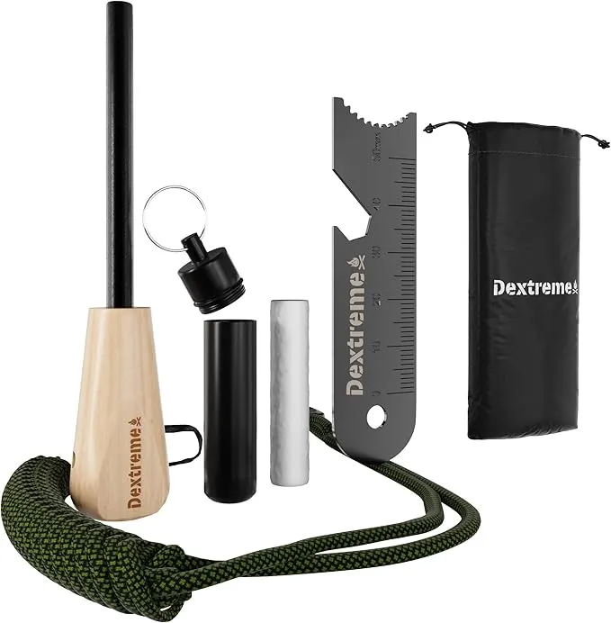 Dextreme Ferro Rod Flint Fire Starter Kit with Handcrafted Wood Handle, Coton Tinder, Transport Bag Multi-Tool Striker Paracord Lanyard for Camping Gear 12,000  Strikes 5/16'' Thick Bushcraft Survival