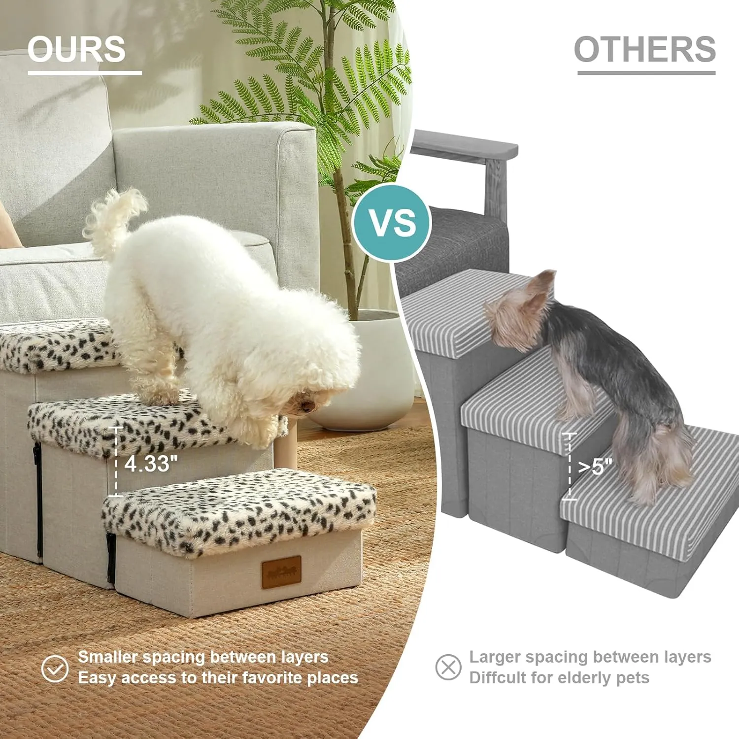 Dog Stair for Small Dogs with Storage, Foldable Pet Stairs for Medium or Puppy Dogs and Older Cats, Dog Steps for Bed or Couch with Soft Cover, 33x13x17.7 inch, 4 Tiers, Leopard