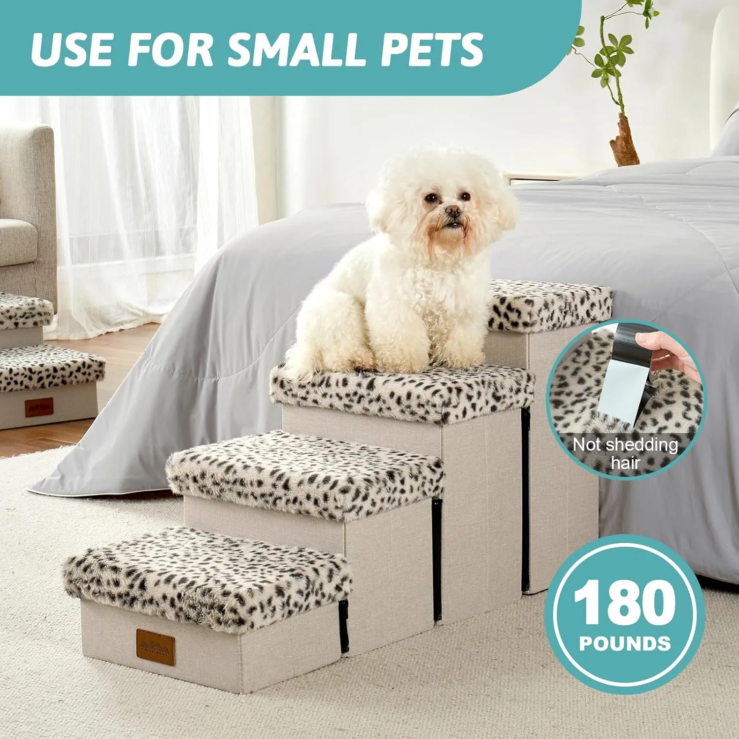 Dog Stair for Small Dogs with Storage, Foldable Pet Stairs for Medium or Puppy Dogs and Older Cats, Dog Steps for Bed or Couch with Soft Cover, 33x13x17.7 inch, 4 Tiers, Leopard