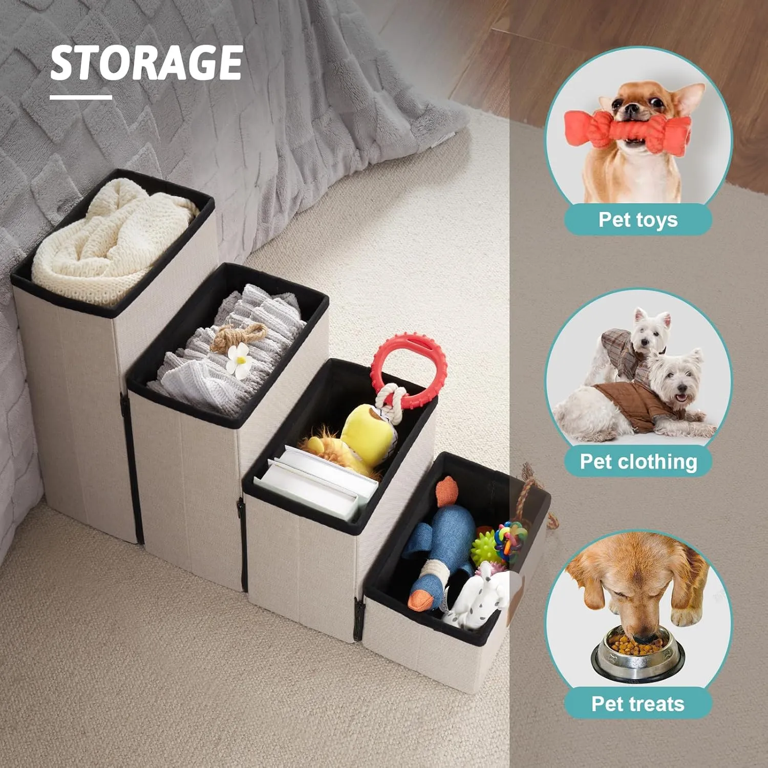 Dog Stair for Small Dogs with Storage, Foldable Pet Stairs for Medium or Puppy Dogs and Older Cats, Dog Steps for Bed or Couch with Soft Cover, 33x13x17.7 inch, 4 Tiers, Leopard