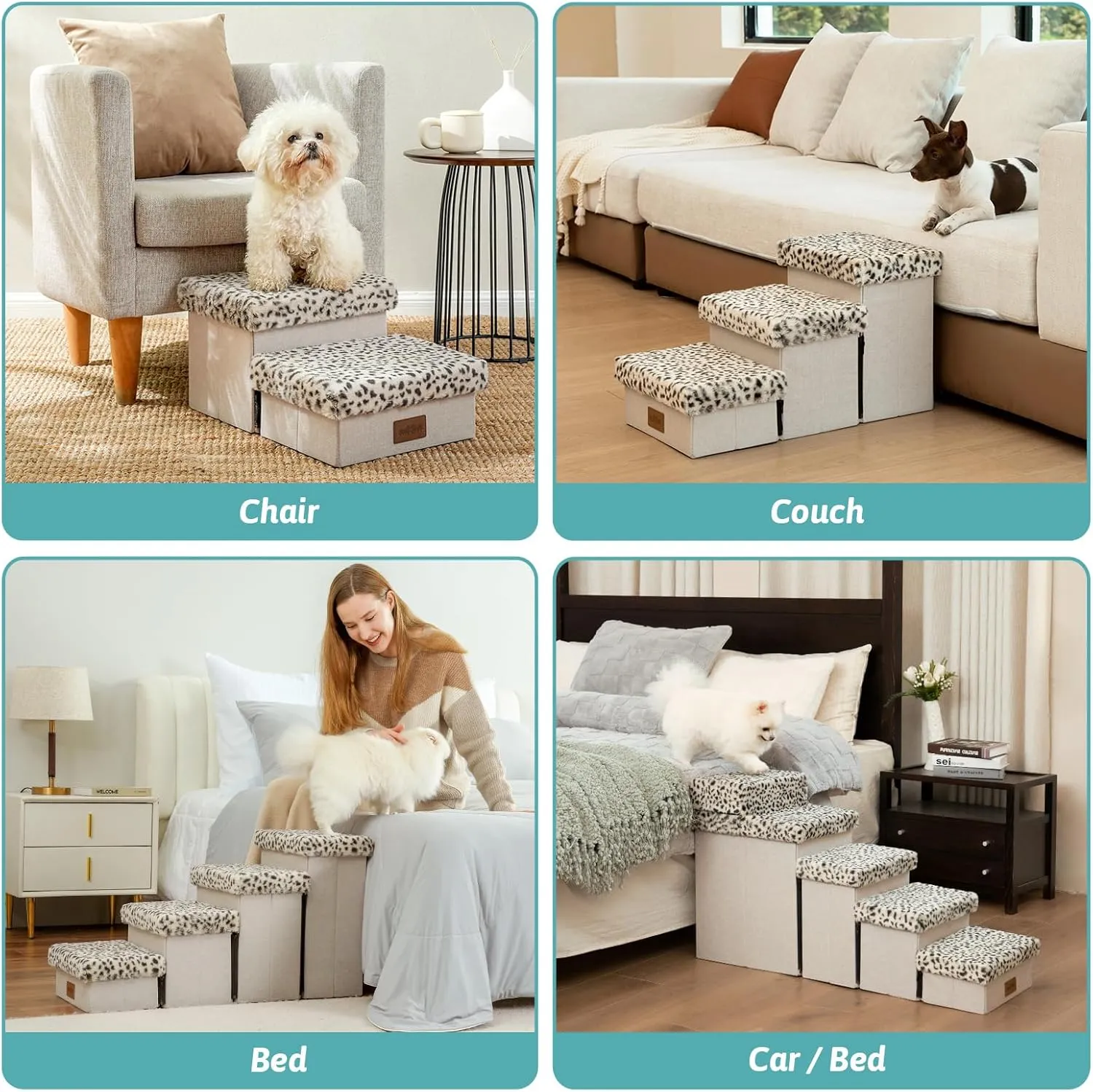 Dog Stair for Small Dogs with Storage, Foldable Pet Stairs for Medium or Puppy Dogs and Older Cats, Dog Steps for Bed or Couch with Soft Cover, 33x13x17.7 inch, 4 Tiers, Leopard