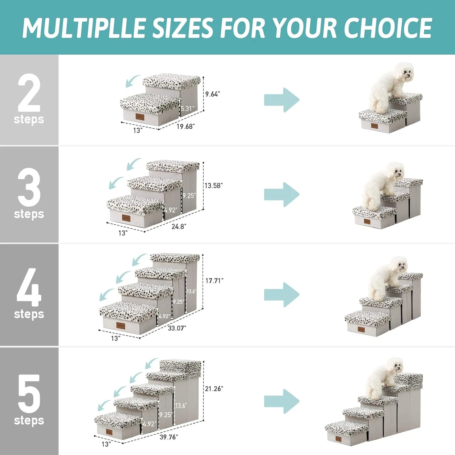 Dog Stair for Small Dogs with Storage, Foldable Pet Stairs for Medium or Puppy Dogs and Older Cats, Dog Steps for Bed or Couch with Soft Cover, 33x13x17.7 inch, 4 Tiers, Leopard