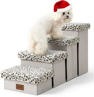 Dog Stair for Small Dogs with Storage, Foldable Pet Stairs for Medium or Puppy Dogs and Older Cats, Dog Steps for Bed or Couch with Soft Cover, 33x13x17.7 inch, 4 Tiers, Leopard