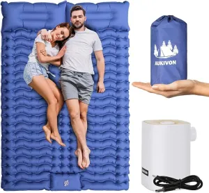 Double Sleeping Pad for Camping with Mini Electric Pump Full Size Sleeping Pad for Camping 2 Person, 4'' Extra Thickness Camping Mattress Pad, 45s Fast Inflation, 75''x55'', Blue
