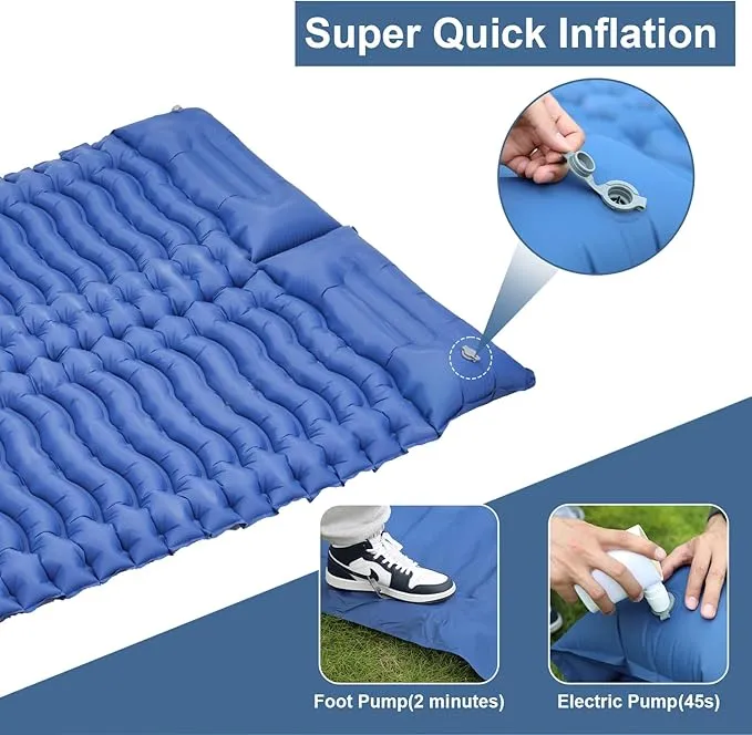 Double Sleeping Pad for Camping with Mini Electric Pump Full Size Sleeping Pad for Camping 2 Person, 4'' Extra Thickness Camping Mattress Pad, 45s Fast Inflation, 75''x55'', Blue
