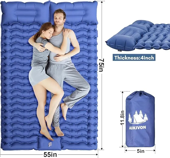 Double Sleeping Pad for Camping with Mini Electric Pump Full Size Sleeping Pad for Camping 2 Person, 4'' Extra Thickness Camping Mattress Pad, 45s Fast Inflation, 75''x55'', Blue
