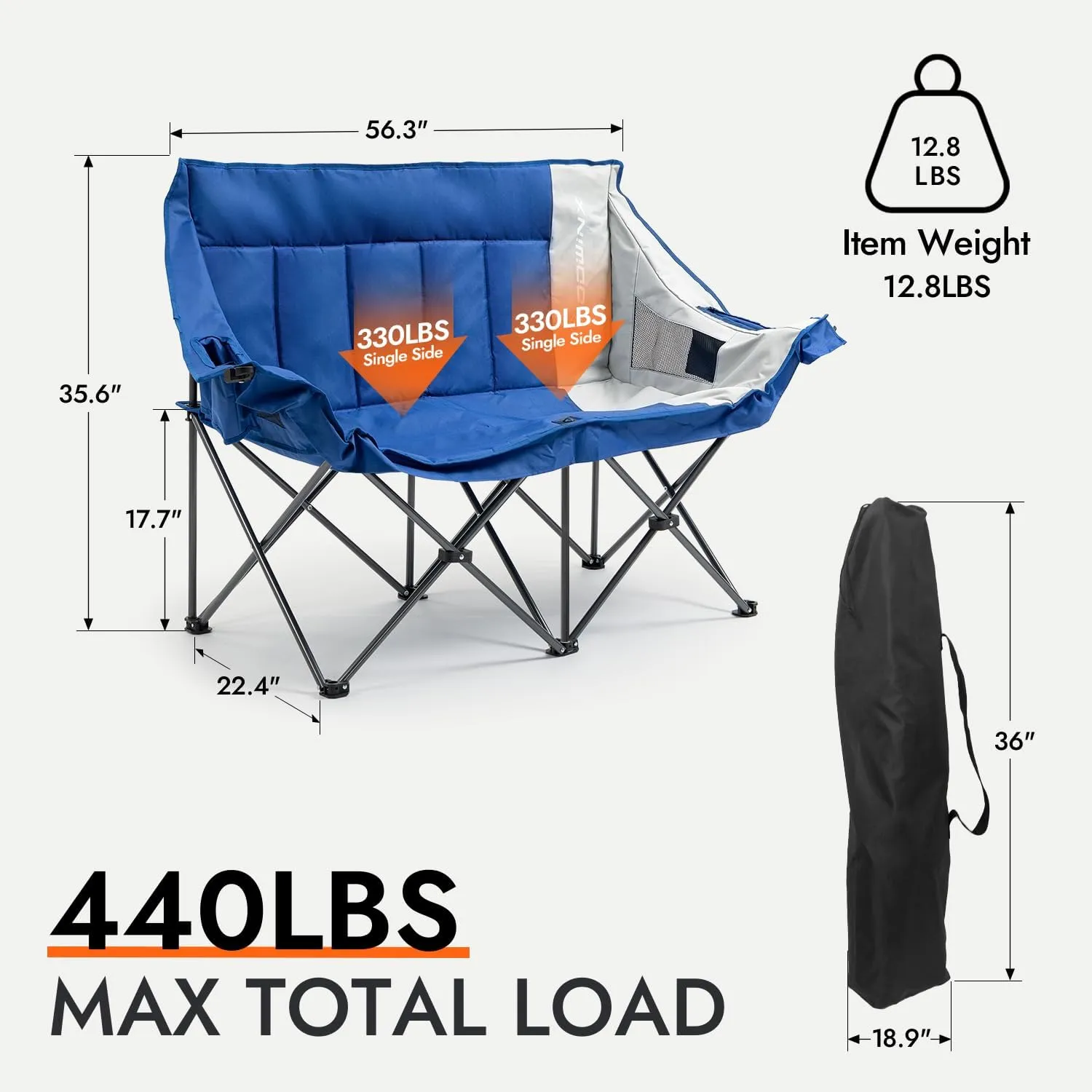 Dowinx Double Camping Chair Loveseat, Portable Folding Outdoor Lawn Chair with Padded Seats, Armrests, Side Pockets, 440lbs Capacity for Beach, Patio, Picnic - Blue PRO