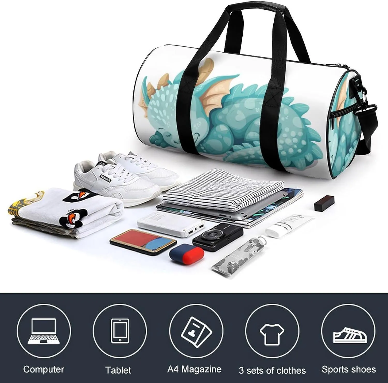 Dragon Sleeping Travel Gym Bag for Women Men A Cute Blue And Aquamarine Cylindrical Duffle Bag Sport Workout Bag with Shoulder Strap