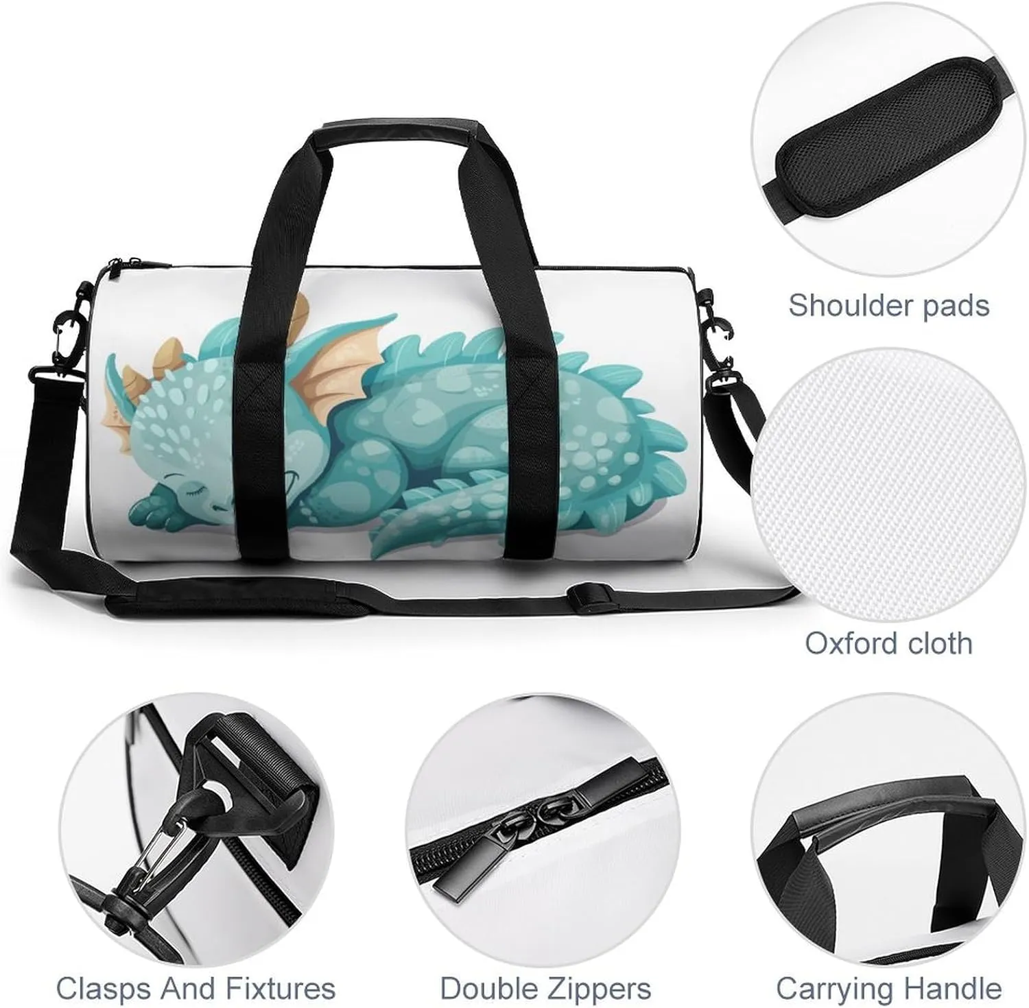 Dragon Sleeping Travel Gym Bag for Women Men A Cute Blue And Aquamarine Cylindrical Duffle Bag Sport Workout Bag with Shoulder Strap