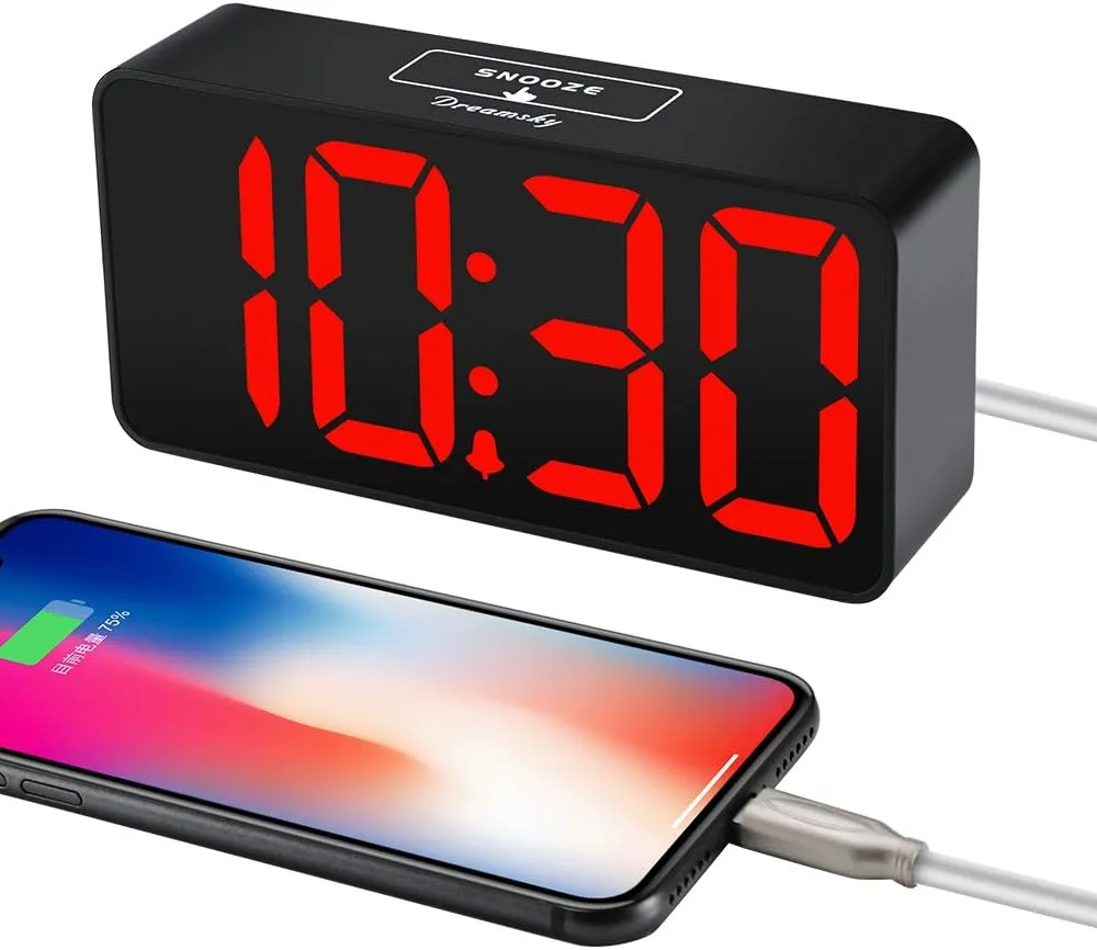 DreamSky Small Digital Alarm Clock for Bedroom, Large Big Numbers Display with Brightness Dimmer, Electric Bedside Desk Clock with USB Charging Port, Adjustable Alarm Volume, 12/24Hr, Snooze