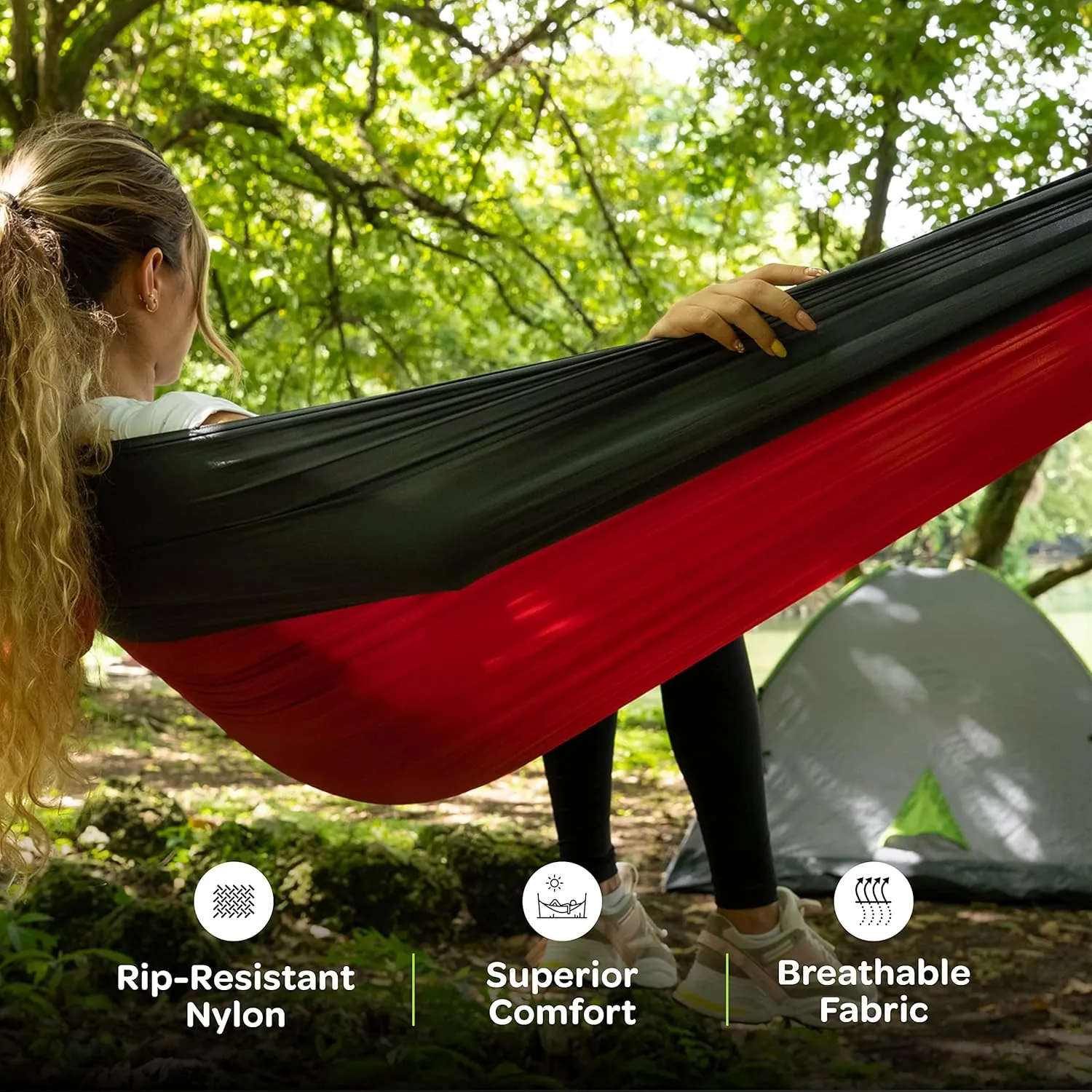 Durable Hammock 500 lb Capacity, Nylon Camping Hammock Chair - Double or Single Sizes w/Tree Straps and Attached Carry Bag - Portable for Travel/Backpacking/Beach/Backyard (Large, Fuchsia & Sky Blue)