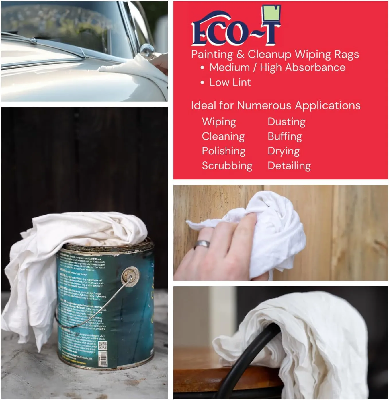 Eco-T Paint Rags - White T-Shirt Material, 100% Recycled, Eco-Friendly, High Absorbency, Low Lint, Low-Cost, Painting and Cleaning Cloth (1 Lb Bag)