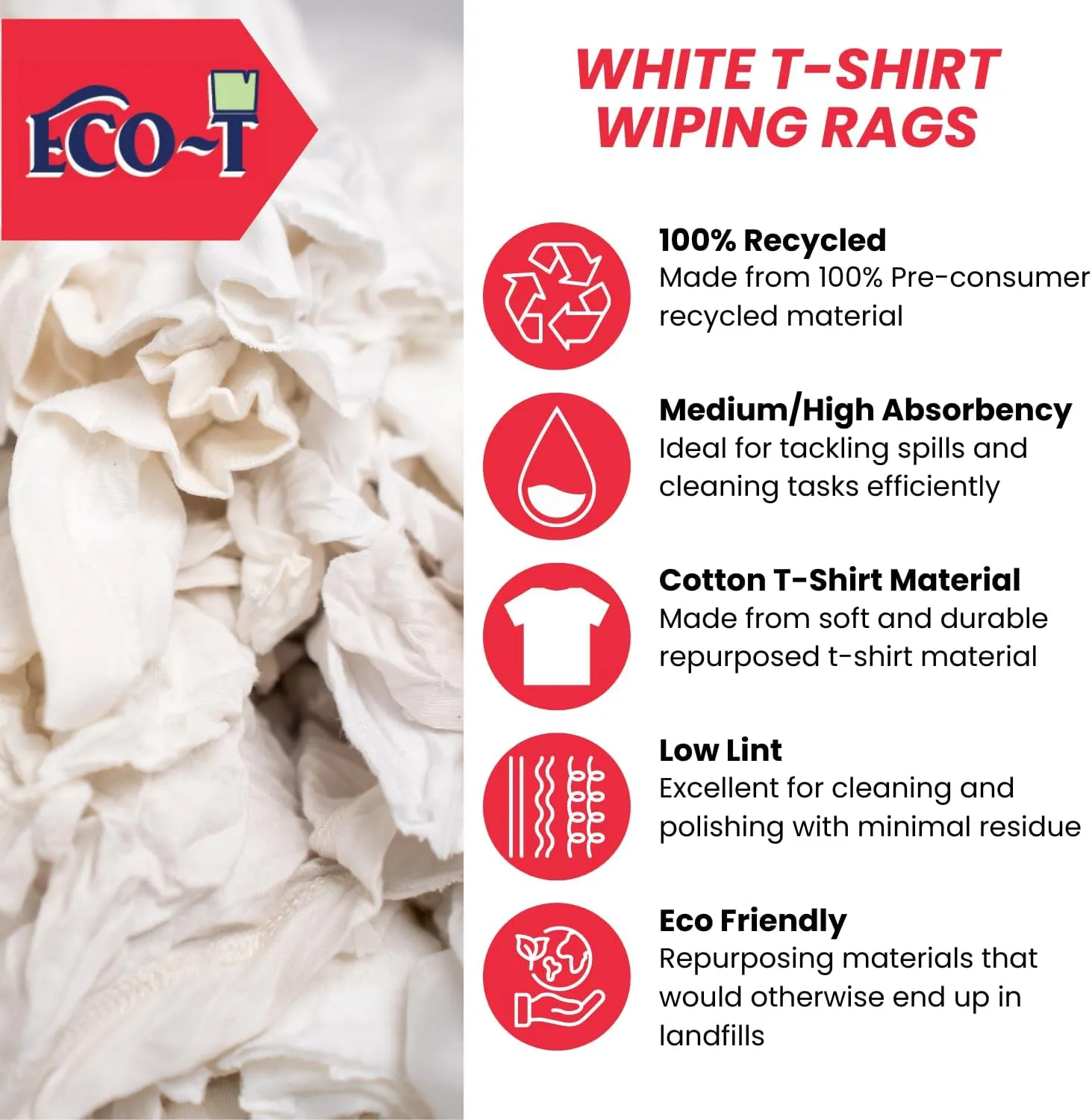 Eco-T Paint Rags - White T-Shirt Material, 100% Recycled, Eco-Friendly, High Absorbency, Low Lint, Low-Cost, Painting and Cleaning Cloth (1 Lb Bag)