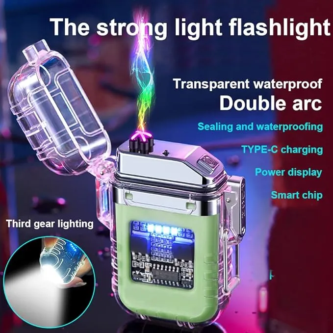 Electric Lighter Rechargeable Waterproof IP56 System Dual Arc Lighter with Flashlight LED Batterry Indicator Outdoor Windproof Lighter with Lanyard for Camping Survival Emergency