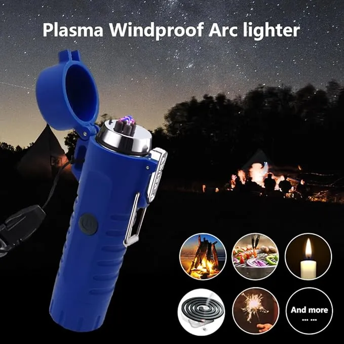 Electric Lighter Rechargeable, Waterproof Lighter Plasma Lighter with Flashlight Windproof ARC Lighter Flameless for Camping Hiking(Blue)