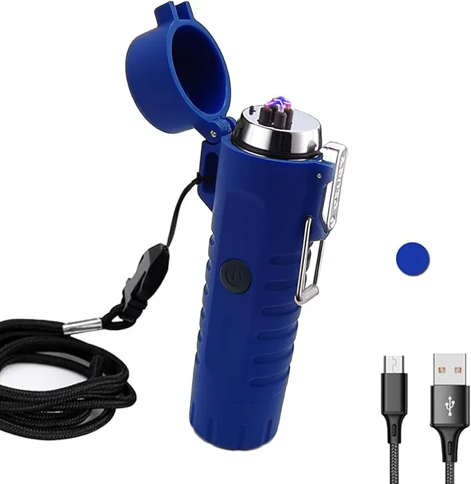 Electric Lighter Rechargeable, Waterproof Lighter Plasma Lighter with Flashlight Windproof ARC Lighter Flameless for Camping Hiking(Blue)