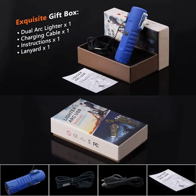 Electric Lighter Rechargeable, Waterproof Lighter Plasma Lighter with Flashlight Windproof ARC Lighter Flameless for Camping Hiking(Blue)