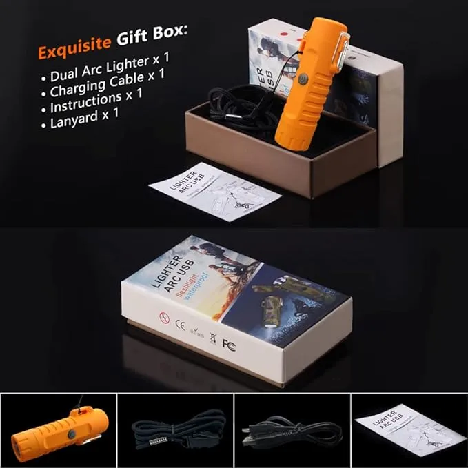 Electric Lighter Rechargeable, Waterproof Lighter Plasma Lighter with Flashlight Windproof ARC Lighter Flameless for Camping Hiking(Orange)