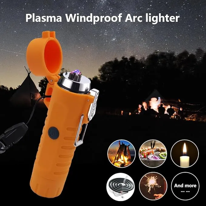 Electric Lighter Rechargeable, Waterproof Lighter Plasma Lighter with Flashlight Windproof ARC Lighter Flameless for Camping Hiking(Orange)