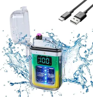 Electric Rechargeable Lighter Transparent Waterproof Dual Arc Plasma Lighter Type-C Rechargeable Lighter Outdoor Windproof Lighter for Outdoor,Camping,Candle and Survival(Yellow and Green)