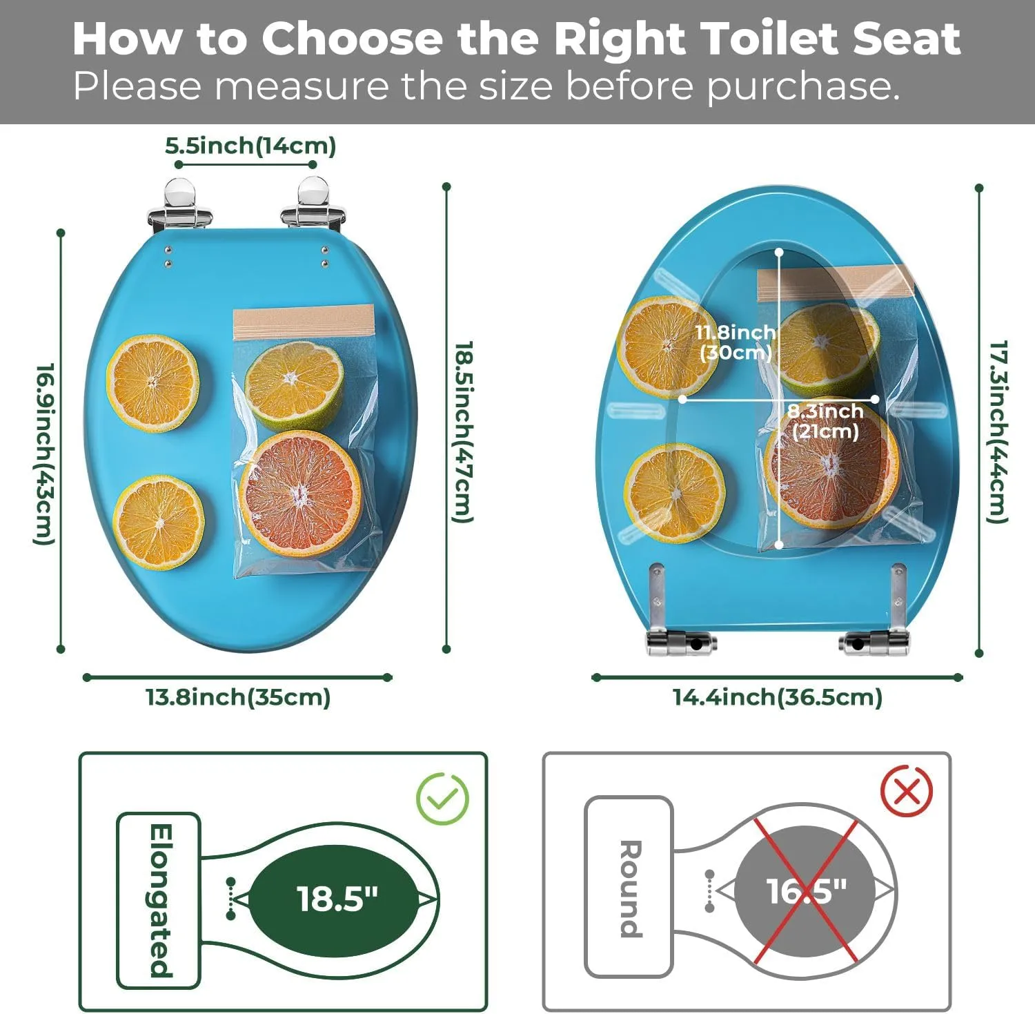 Elongated Toilet Seat Ripe grapefruit orange blue craft bag dried citrus fruits grapefruits Art Resin Toilet Seat with Cover Easy to Install Quietly Close Quick Release Hinges Decorative