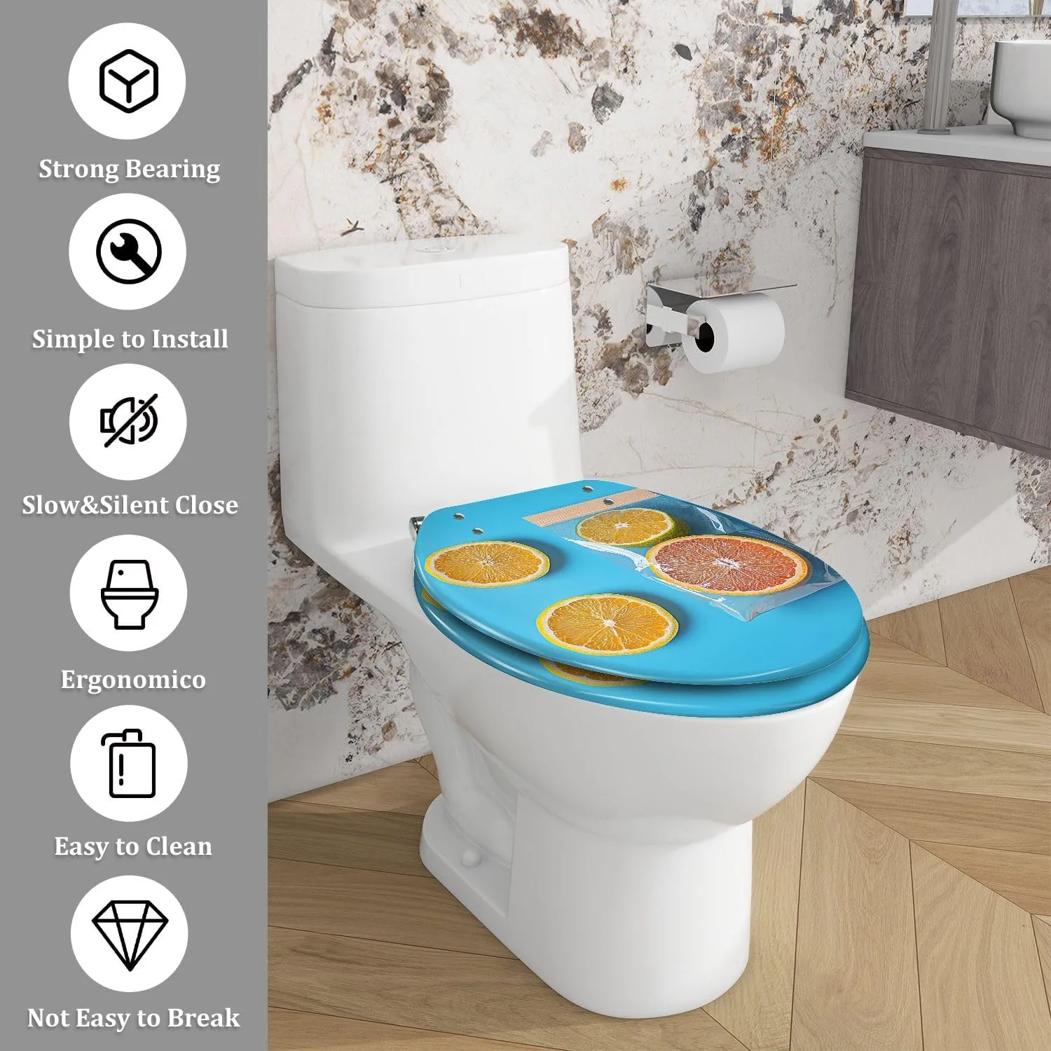 Elongated Toilet Seat Ripe grapefruit orange blue craft bag dried citrus fruits grapefruits Art Resin Toilet Seat with Cover Easy to Install Quietly Close Quick Release Hinges Decorative
