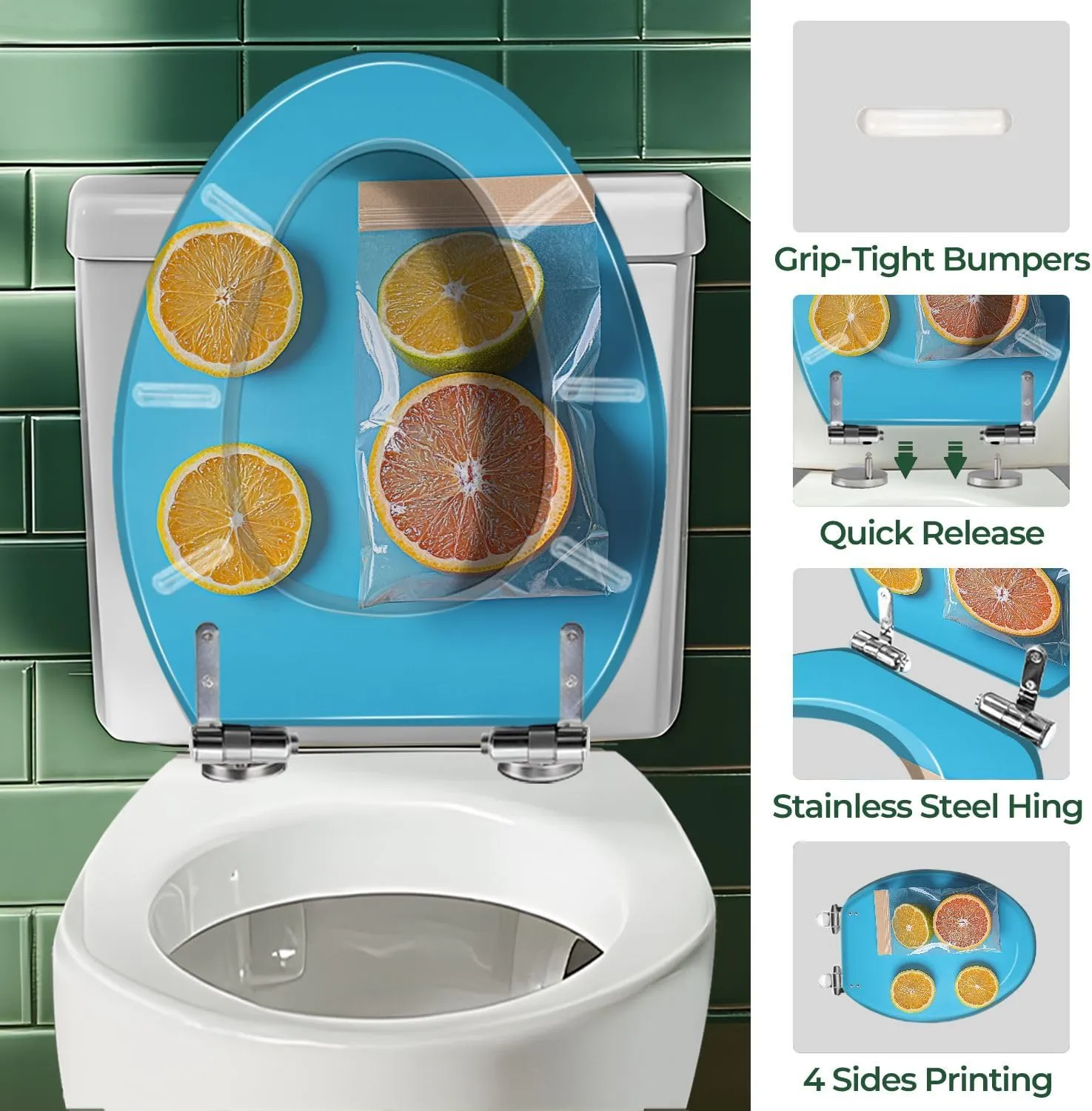 Elongated Toilet Seat Ripe grapefruit orange blue craft bag dried citrus fruits grapefruits Art Resin Toilet Seat with Cover Easy to Install Quietly Close Quick Release Hinges Decorative