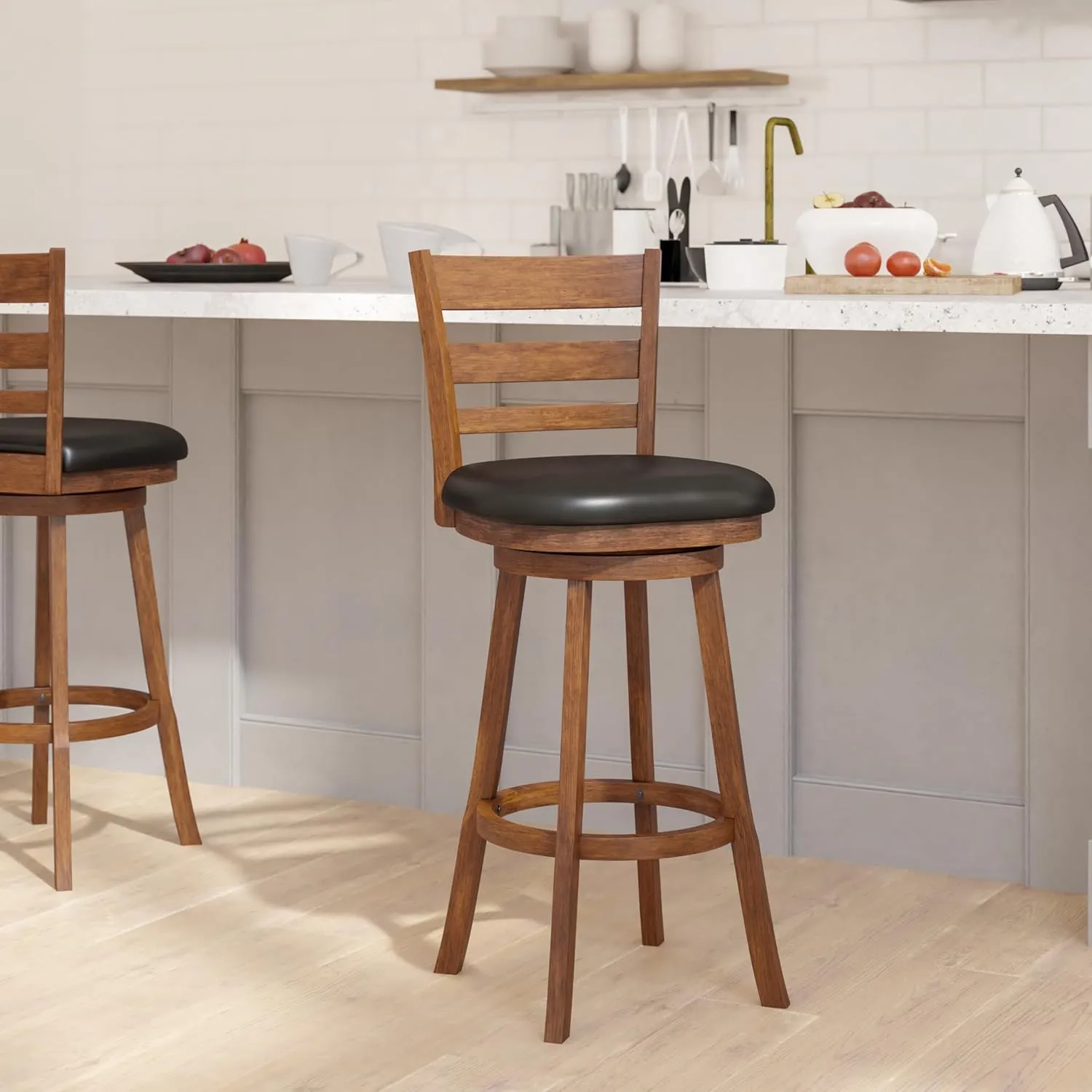 EMMA   OLIVER Avi Ladderback Dining Stool - Mid-Back Bar Height Design - Antique Oak Finish - Padded Faux Leather Seat - 360 Degree Swivel - Integrated Footrest