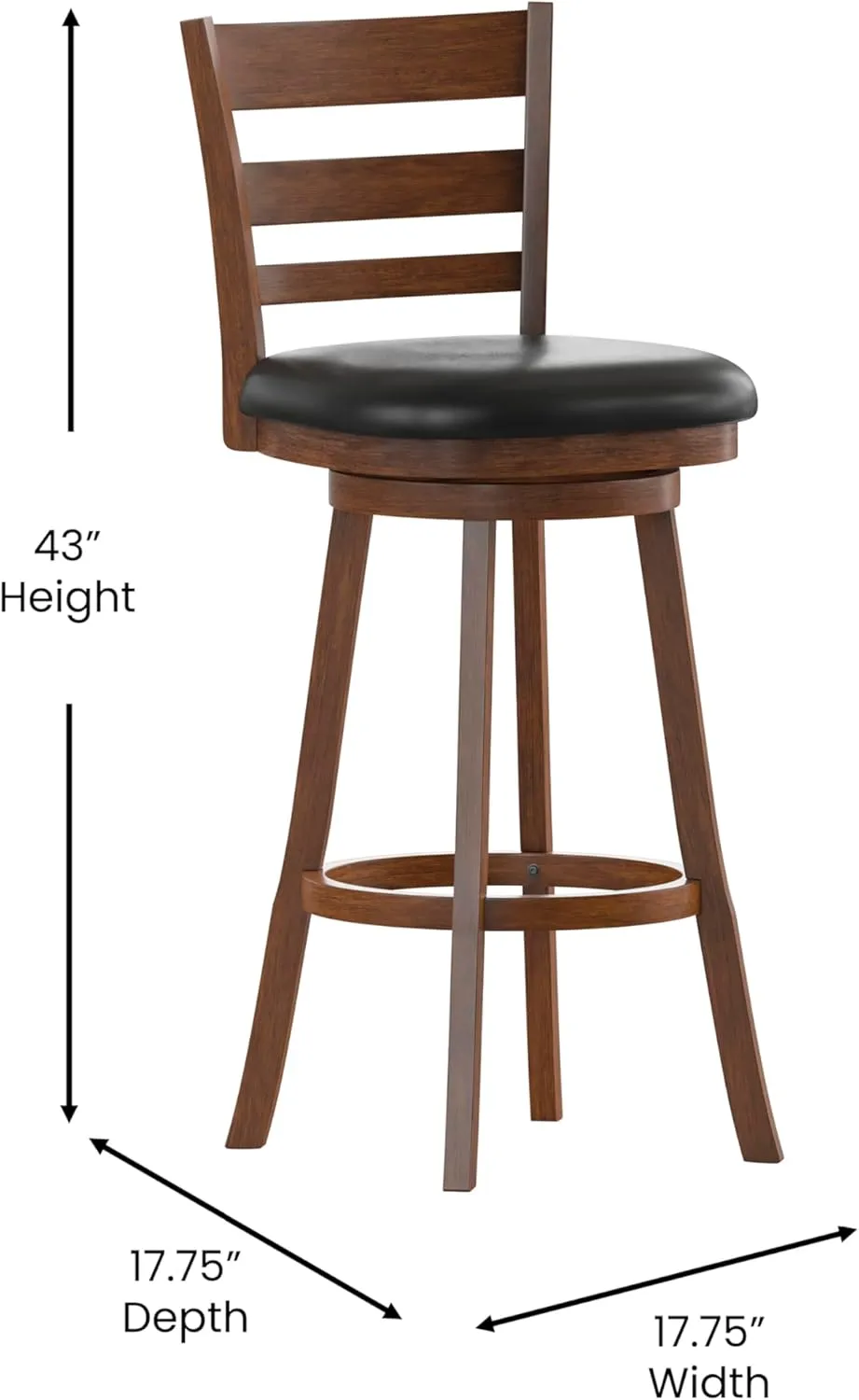 EMMA   OLIVER Avi Ladderback Dining Stool - Mid-Back Bar Height Design - Antique Oak Finish - Padded Faux Leather Seat - 360 Degree Swivel - Integrated Footrest