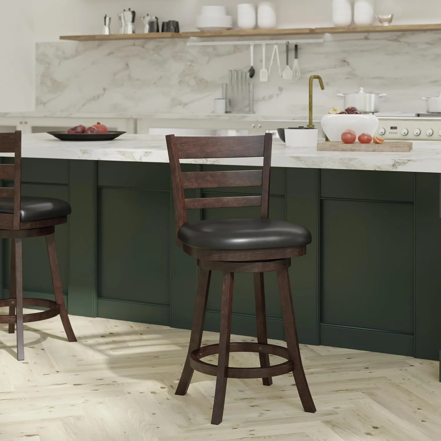 EMMA   OLIVER Avi Ladderback Dining Stool - Mid-Back Counter Height Design - Espresso Finish - Padded Faux Leather Seat - 360 Degree Swivel - Integrated Footrest