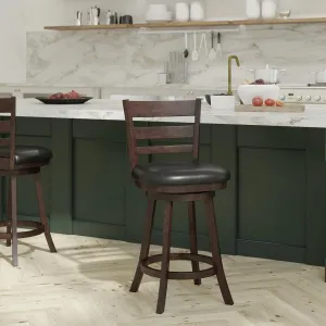 EMMA   OLIVER Avi Ladderback Dining Stool - Mid-Back Counter Height Design - Espresso Finish - Padded Faux Leather Seat - 360 Degree Swivel - Integrated Footrest