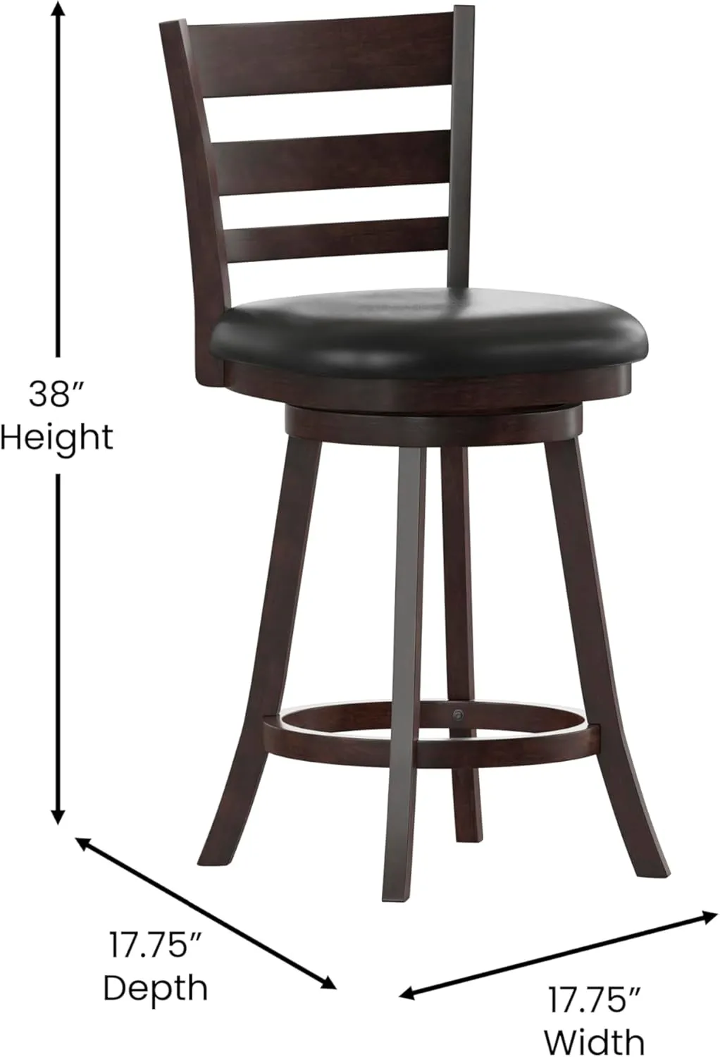 EMMA   OLIVER Avi Ladderback Dining Stool - Mid-Back Counter Height Design - Espresso Finish - Padded Faux Leather Seat - 360 Degree Swivel - Integrated Footrest