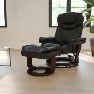 EMMA   OLIVER Multi-Position Recliner/Curved Ottoman - Swivel Wood Base in Black LeatherSoft