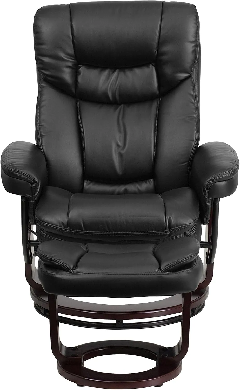EMMA   OLIVER Multi-Position Recliner/Curved Ottoman - Swivel Wood Base in Black LeatherSoft