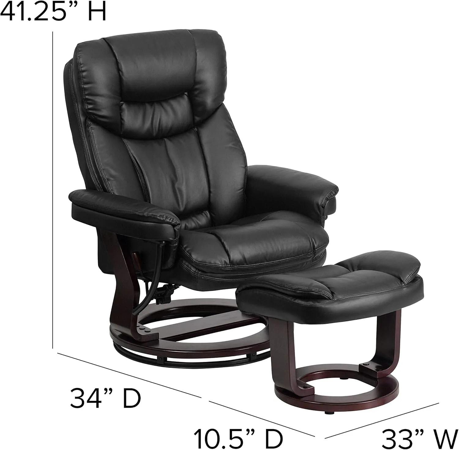 EMMA   OLIVER Multi-Position Recliner/Curved Ottoman - Swivel Wood Base in Black LeatherSoft