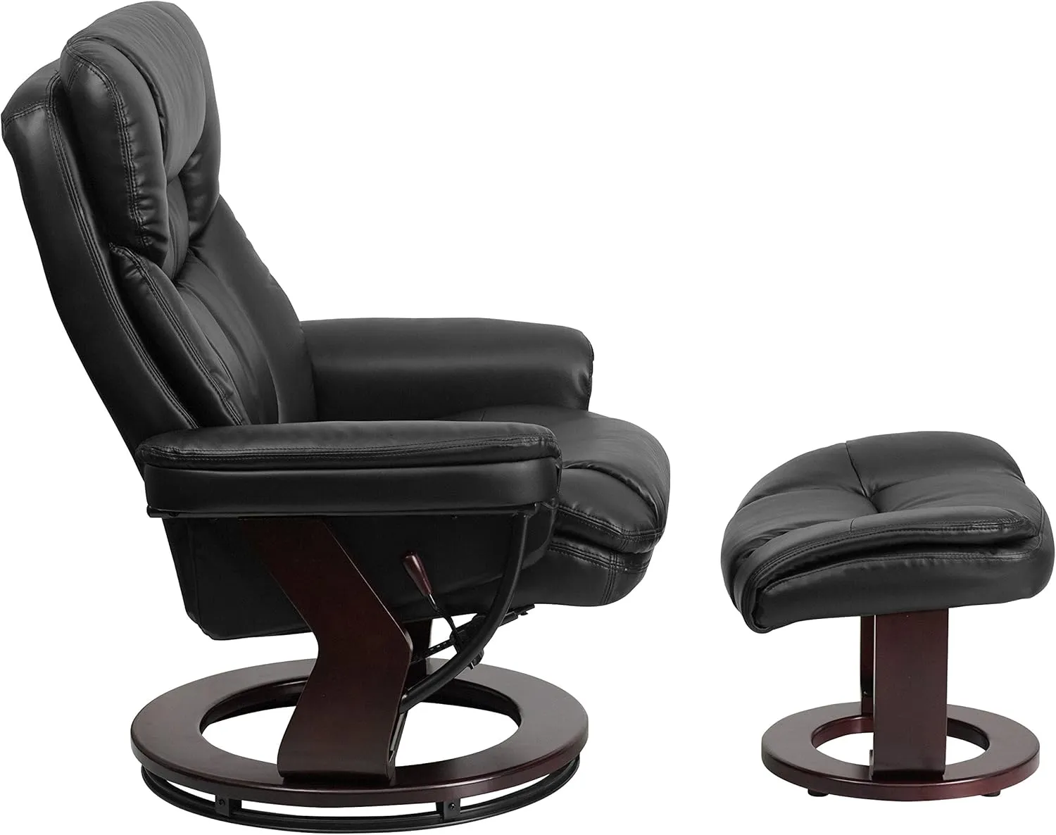 EMMA   OLIVER Multi-Position Recliner/Curved Ottoman - Swivel Wood Base in Black LeatherSoft