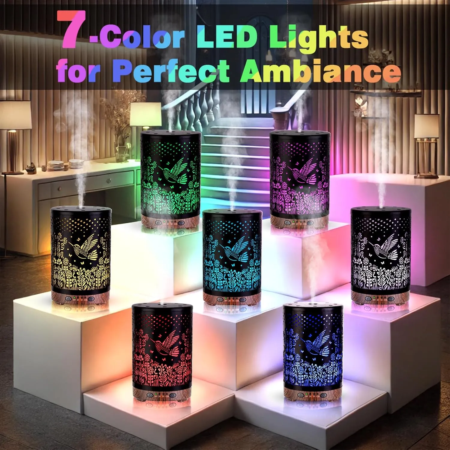 Essential Oil Diffuser 120ML Metal Aromatherapy Diffuser, Cool Mist Humidifier with Auto Shut-Off Protection 7 Color Lights for Home Office Spa (Bird)