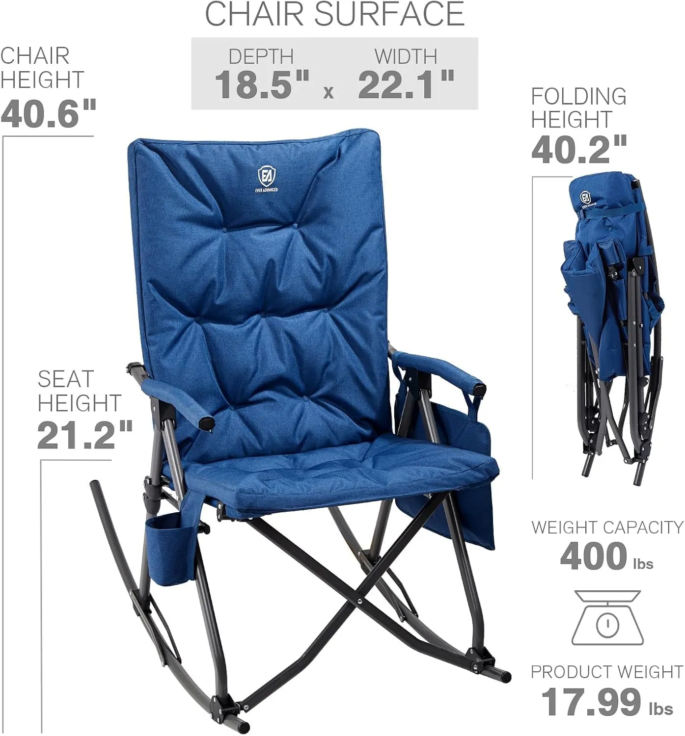 EVER ADVANCED Oversized Folding Rocking Camping Chair, Padded Portable Rocker Chair for Patio, Lawn and Outdoors, Heavy Duty Hard Armchair for Adults Supports 400lbs, Blue