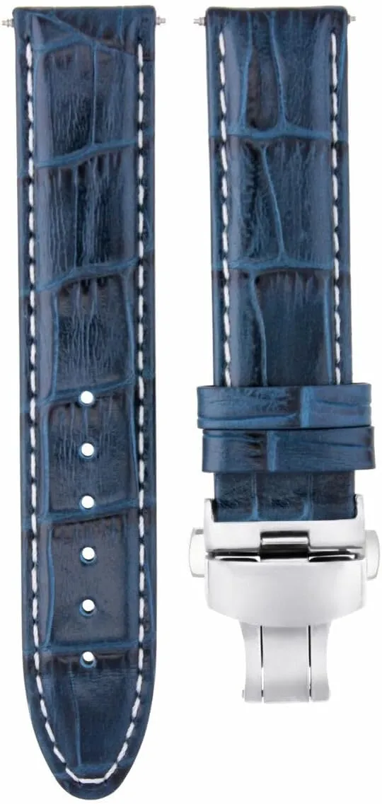 Ewatchparts 22mm Premium Leather Watch Band Strap Clasp Compatible With Breitling Navitimer Blue With White Stitching