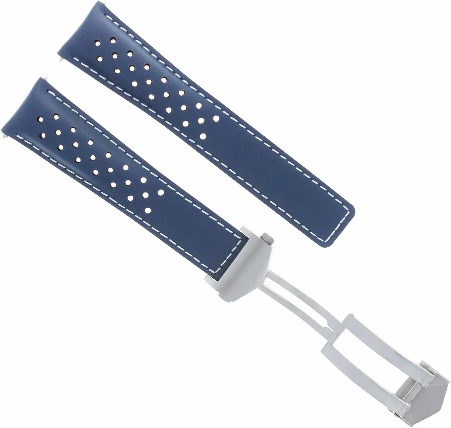 Ewatchparts Leather Watch Band Strap Deployment 19mm Compatible With Tag Carrera WV211B Blue With White Stitching Perforated