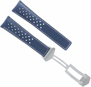 Ewatchparts Leather Watch Band Strap Deployment 19mm Compatible With Tag Carrera WV211B Blue With White Stitching Perforated