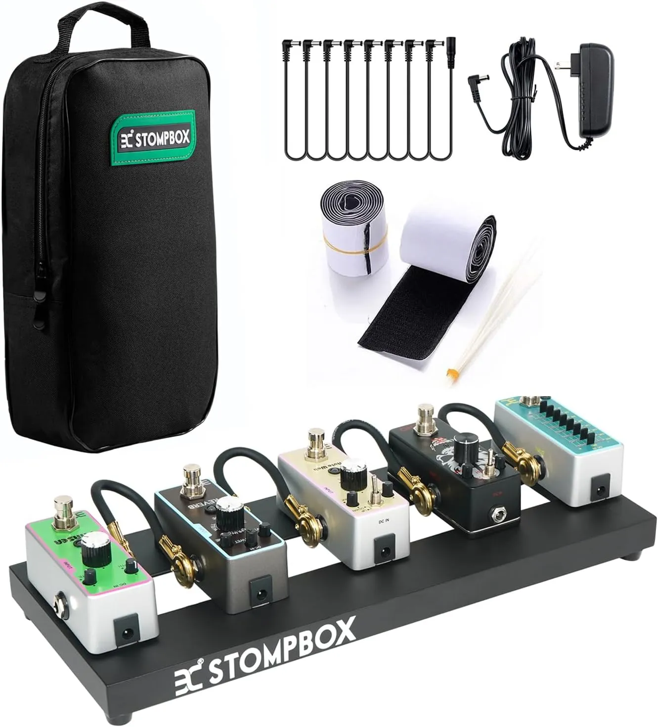 EX Guitar Pedal Board Aluminum Alloy, 0.8lb Super Light Effect Pedalboard 14”x5.5“ with 9V 2A Guitar Pedal Power Supply, Guitar Pedal Cable, 8 Way Daisy Chain Cables, Waterproof Durable Carrying Bag