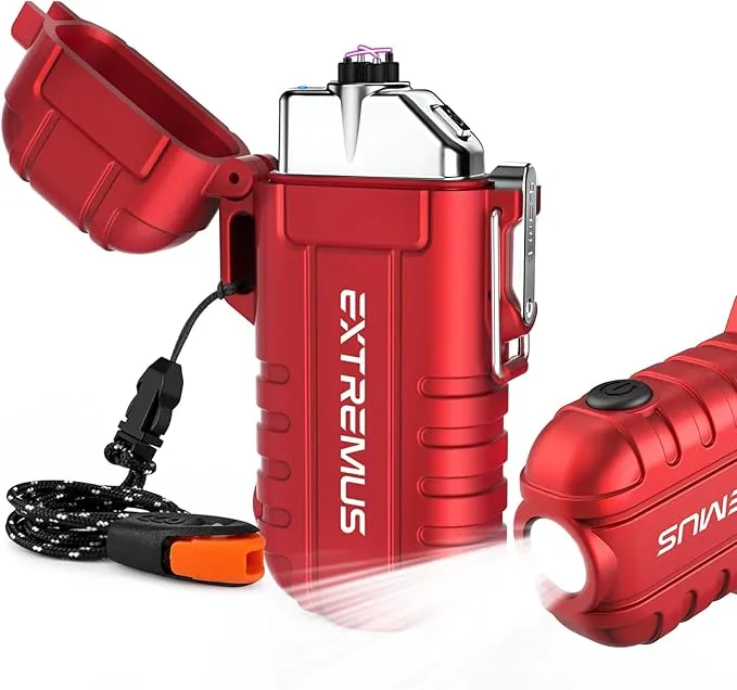 Extremus Blaze 360 Rechargeable Electric Lighters, Dual Arc Lighter, Windproof Plasma Lighter, Waterproof Flashlight Lighter, Flameless Lighter with Whistle Lanyard for Camping