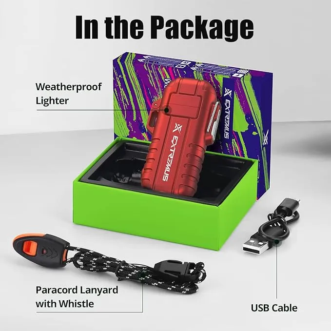 Extremus Blaze 360 Rechargeable Electric Lighters, Dual Arc Lighter, Windproof Plasma Lighter, Waterproof Flashlight Lighter, Flameless Lighter with Whistle Lanyard for Camping