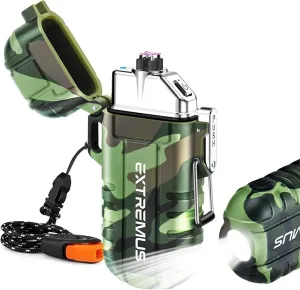 Extremus Blaze 360 Rechargeable Electric Lighters, Dual Arc Lighter, Windproof Plasma Lighter, Waterproof Lighter, Flameless Lighter with Whistle Lanyard for Camping (Army Green Flashlight)
