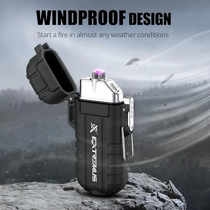 Extremus Blaze 360 Rechargeable Electric Lighters, Dual Arc Lighter, Windproof Plasma Lighter, Waterproof Lighter, Flameless Lighter with Whistle Lanyard for Camping (Black Flashlight)