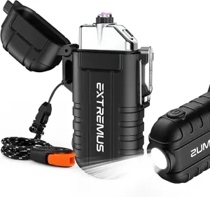Extremus Blaze 360 Rechargeable Electric Lighters, Dual Arc Lighter, Windproof Plasma Lighter, Waterproof Lighter, Flameless Lighter with Whistle Lanyard for Camping (Black Flashlight)