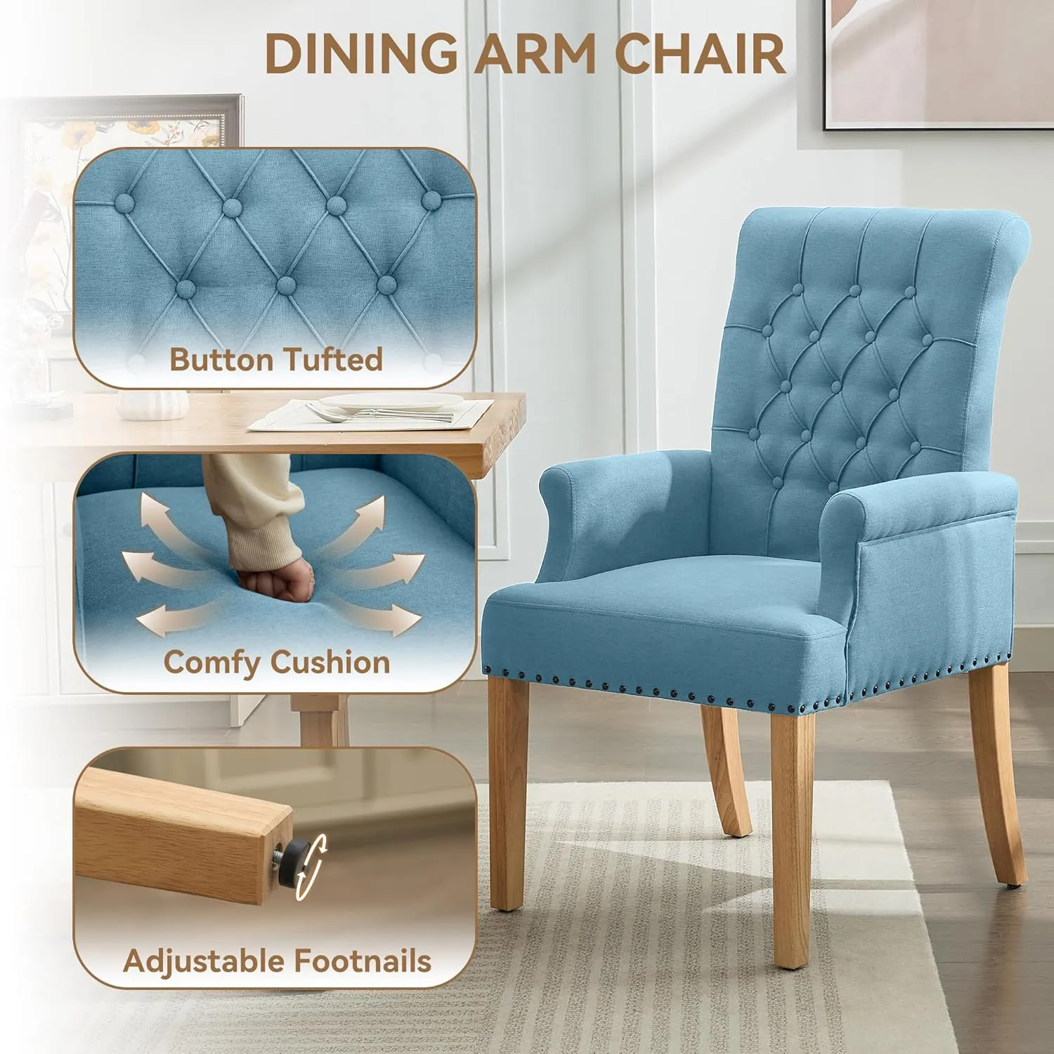 Fabric Dining Chair with Arms, Upholstered Tufted High Back Dining Room Chairs, Accent Armchair with Solid Wood Leg and Nailhead Trim, Kitchen Dining Living Room, Blue