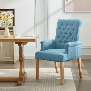 Fabric Dining Chair with Arms, Upholstered Tufted High Back Dining Room Chairs, Accent Armchair with Solid Wood Leg and Nailhead Trim, Kitchen Dining Living Room, Blue