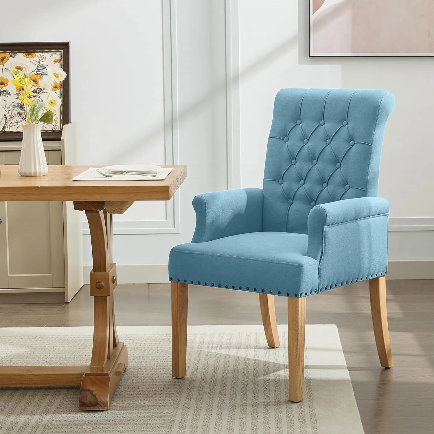 Fabric Dining Chair with Arms, Upholstered Tufted High Back Dining Room Chairs, Accent Armchair with Solid Wood Leg and Nailhead Trim, Kitchen Dining Living Room, Blue